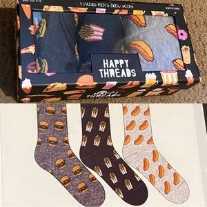 NWT~HAPPY THREADS Men’s 3 Pairs Crew Socks Food Graphic Size 6-12